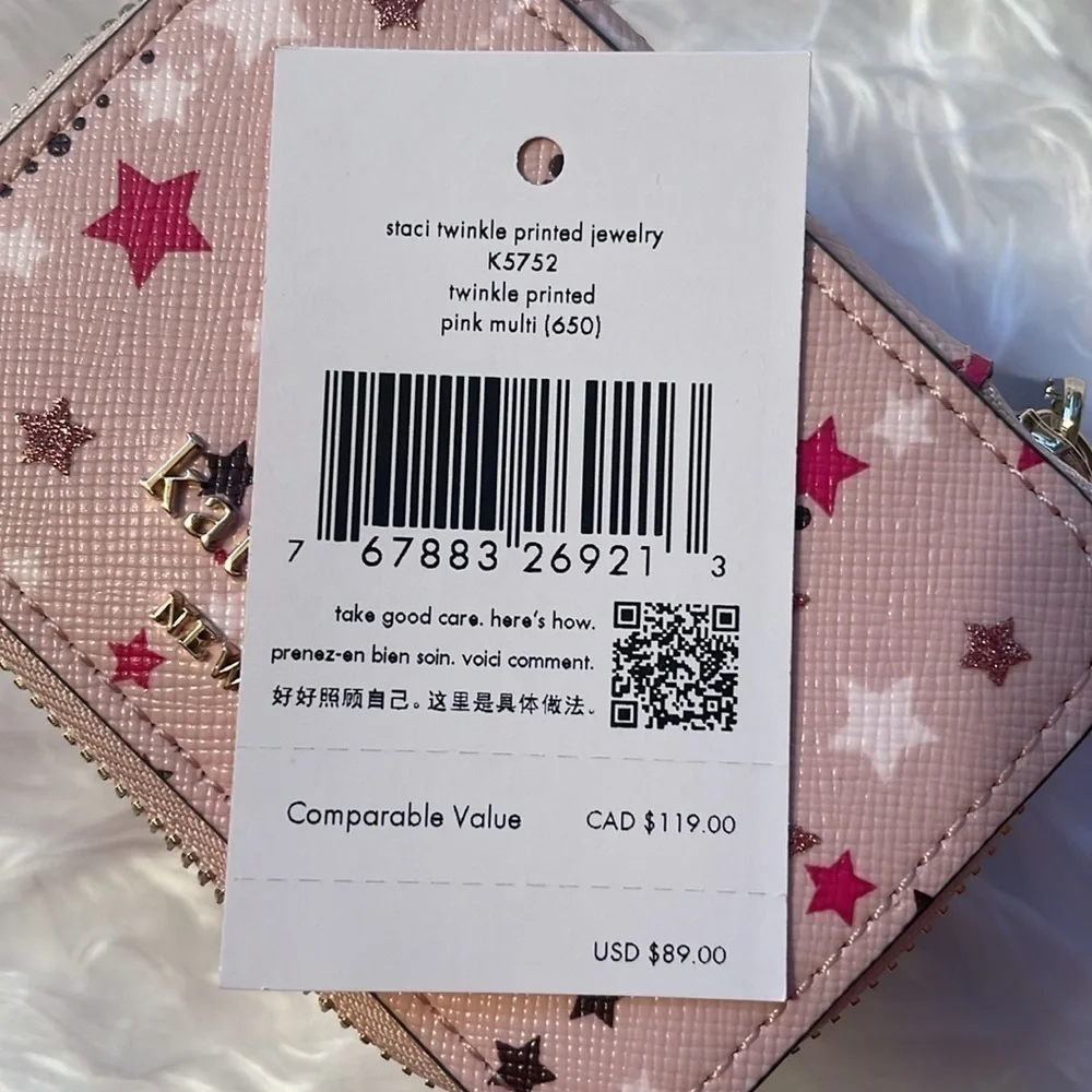 Brand New Kate Spade Genuine Leather Pink Stars Zippered Travel Jewelry Box
